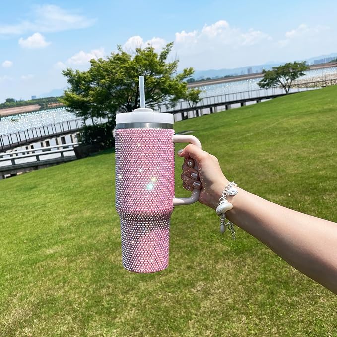 40oz Bling Tumbler with Handle and Straw Lid Rhinestone Studded Tumbler Cups Vacuum Insulated Stainless Steel Double Wall Water Bottle Travel Mug Gifts for Women Her (Light Rose)