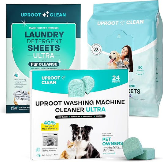 Uproot Clean Washing Machine Cleaner Tablets Ultra, Laundry Sheets Ultra, & Anti-Static Dryer Sheets Set: Deep-Clean Your Laundry Machine, Dissolve Odors & Residue, Repel Fur - Family & Pet Safe