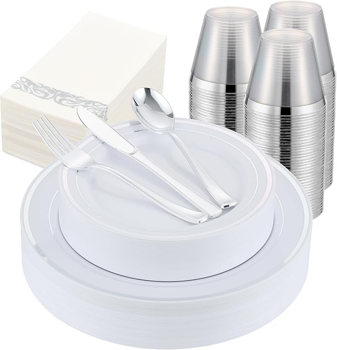350 PCS Silver Plastic Dinnerware for 50 Guests,Silver and White Disposable Plates for Party Wedding with Napkins, 50 Dinner Plates, 50 Dessert Plates, 50 Silverware Set, 50 Cups
