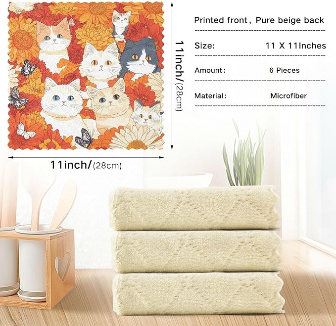 Orange Chrysanthemum Cats Butterflies Kitchen Towels Dish Cloths Set of 6 Microfiber Cleaning Cloths for Cars Super Absorbent Machine