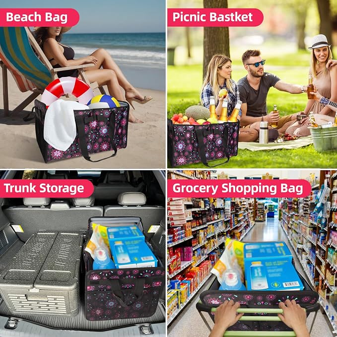 Extra Large Utility Tote Bag with Wire Frame Collapsible Reusable Grocery Bags Heavy Duty Shopping Bags for Groceries with Handles Trunk Organizer for Beach Car Picnics Camping Laundry