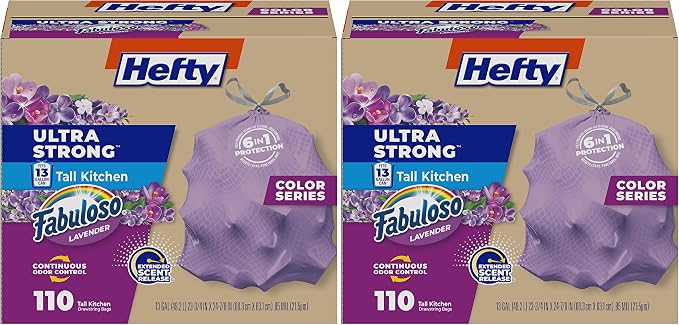 Hefty Ultra Strong 13 Gallon Trash Bags, Tall Kitchen Trash Bags 13 Gallon Size, Resist Leaks, Punctures, and Rips, Continuous Odor Control, Purple, Fabuloso Scent,(Pack of 220)