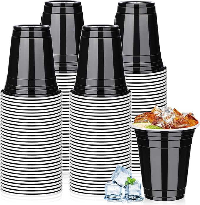 tchrules 100 Pack 12 OZ Black Plastic Cups, Black Disposable Cups for Halloween Party, Graduation Plastic Stackable Drinking Cup for Wedding Birthday Bachelorette Bridal Showers Family Gatherings