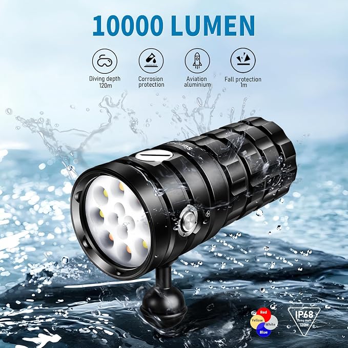 Starshine SR 10000 Lumens Dive Light - Professional Underwater Video Light with 95 CRI, 6500K White Light, USB-C Rechargeable, for Diving/Underwater Photography (IP68 Waterproof, 120m Depth)