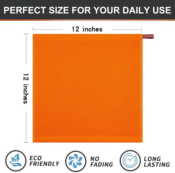 Kitinjoy 100% Cotton Kitchen Dish Cloths (12 X 12 Inches, Orange), 6 Pack Waffle Weave Ultra Soft Absorbent Dish Towels for Drying Dishes Quick Drying Kitchen Towels Dish Rags