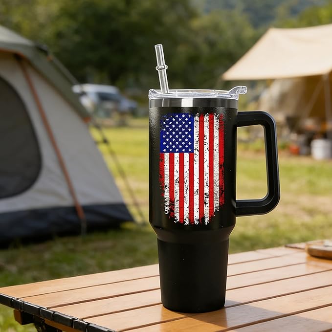 Ceovfoi American Flag Tumbler with Handle,40 oz Dad Vacuum Insulated Stainless Steel Travel Tumblers,Patriotic Military Gifts For Veterans, Police, Fathers Day, 4th of July