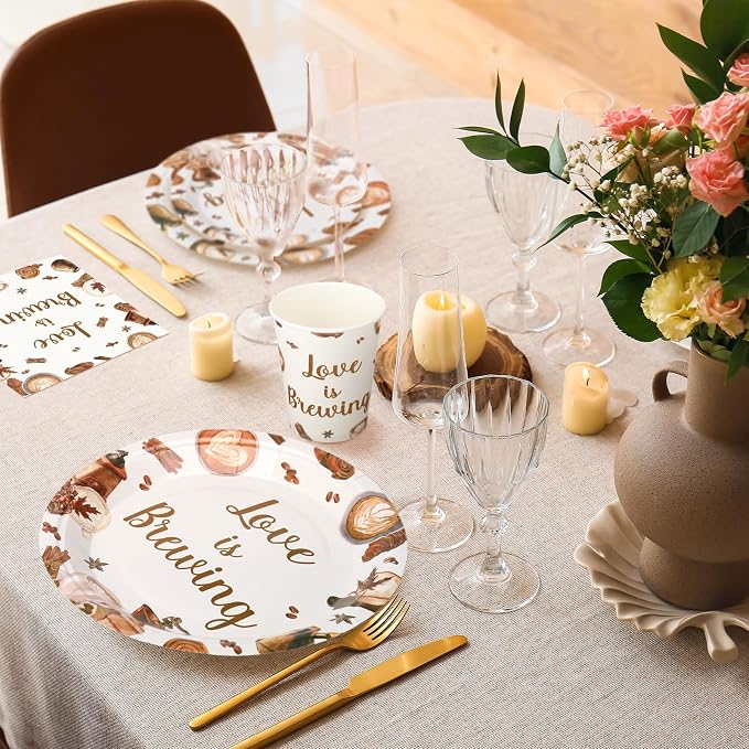 Zhehao 200 Pcs Bridal Shower Plates Napkins Sets Love is Brewing Coffee Bridal Shower Decoration Wedding Shower Decorations Wedding Paper Plates Engagement Bachelorette Supplies, Serve 50