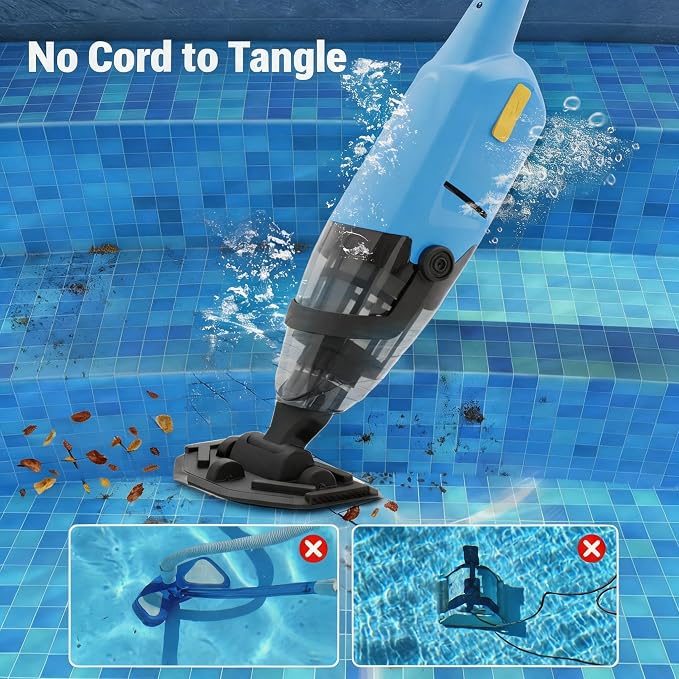 Pool Vacuum for Above Ground Pool, Cordless Handheld Rechargeable Pool Cleaner, 18 GPM Powerful Suction, 90 mins Runtime, 120μm Fine Filter, Leaf Vacuum Ideal for Inground Pool, Spa & Hot Tubs