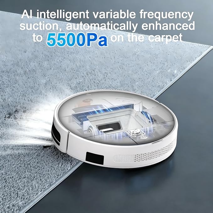 Robot Vacuum and Mop Combo,5500Pa Strong Suction,Anti-Tangle Brushless Inlet 2 in 1 Super Thin Robotic Vacuum with App/Remote/Voice Control, Self-Charging,for Pet Hair, Hard Floor, Low-Pile Carpet