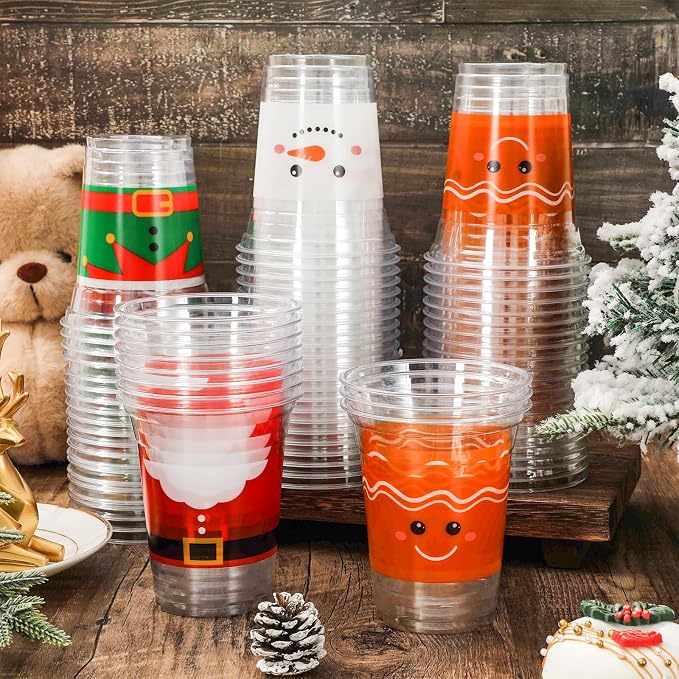 JarThenaAMCS 100Pcs Christmas Disposable Plastic Cups Santa Elf Snowman Gingerbread Man Cold Beverage Drinking Cups for Xmas Holiday Party Supplies, 12 oz