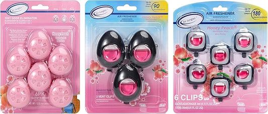 Air Jungles Honey Peach Scent Car Air Freshener Bundle – 3-in-1 Odor Eliminator Balls (6 Count), Vent Clip (3 Count), and Car Clip Pack (6 Count) – Long-Lasting Freshness for Cars, Closets, Gym Bags