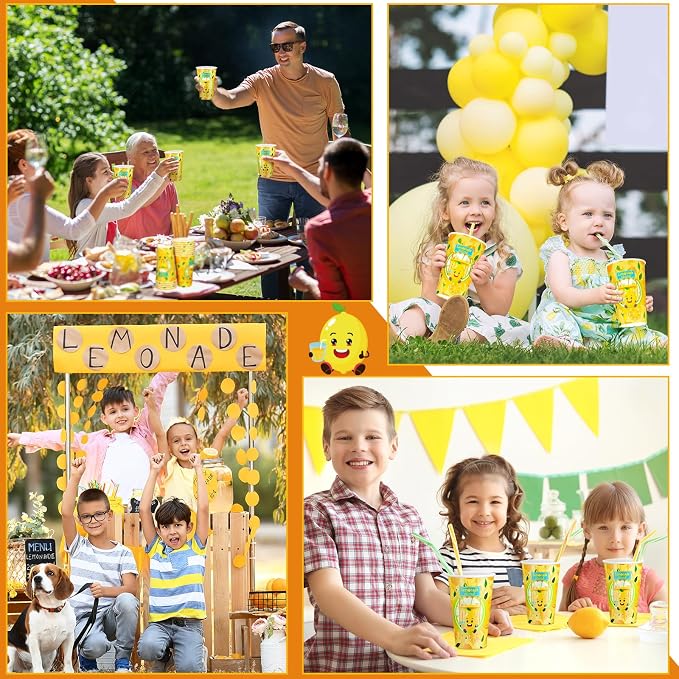 Tessco 150 Pcs 50 Sets Lemonade Paper Cups with Lids and Straws 16 oz Disposable Iced Coffee Paper Cup Summer Cold Cups for Lemonade Stand Supplies Fruit Party Beverages Drinks Juices