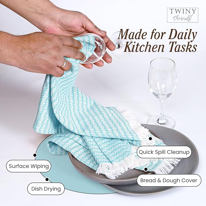 TWINY threads Dish Towel Chevron Weave, 4 Pack, Premium 100% Cotton Kitchen Linen Set, Large Dish Rags and Wash Rags, Absorbent Quick Drying, Machine Washable Dishcloth Set, 16"x26", Aqua Blue