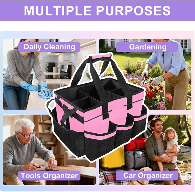 ALSLEA Cleaning Caddy Bag Heavy-Duty Organizer Tote for Housekeepers, Janitors & Home Cleaning Supplies with Adjustable Shoulder Strap & Multiple Pockets (Pink)
