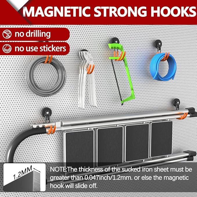 3-H Extra Strong Magnetic Hooks,Heavy Duty Large Anti-Slip Magnet Hooks J Shape,No-Drill Tool Holder for Garage,Power Drill,Garden Tools,Hose Storage,4 Pack Orange