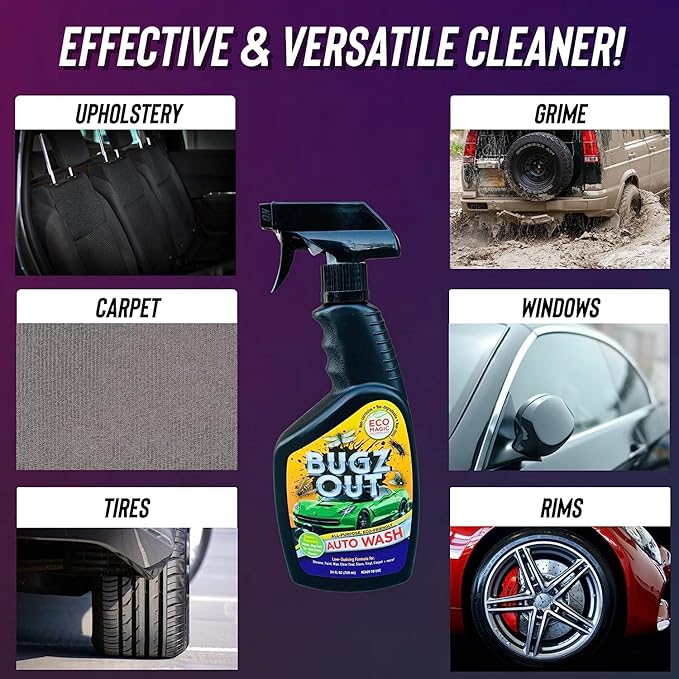 Bugz Out Car Bug Cleaner, Remover and Wash - Spray Bugs, Tar, Bird Poop Off Exterior of Car and Windshield. Remove Black Streaks Without Scratching or Removing Paint. 24 oz spray bottle with