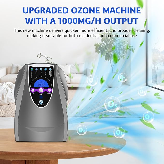 VTAR Ozone Machine, 1000mg/h Multipurpose Ozone Machine Purify Air, Water, Fruits, Vegetables, Toothbrushes, Aquarium Fruit Cleaner Device in Water - Dark Gray