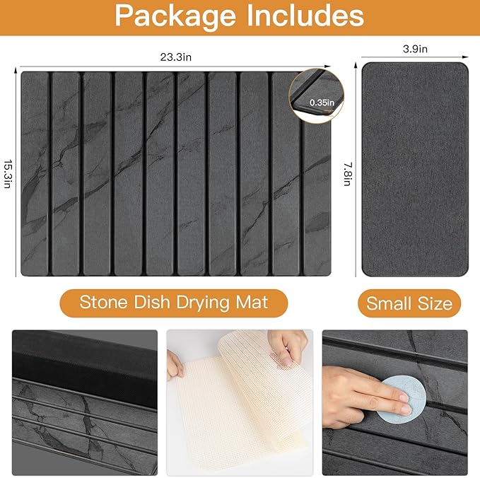 Stone Dish Drying Mat for Kitchen - Upgrade Kitchen Counter Mats Quick Dry for Dishes Cups - Foldable Super Absorbent Diatomaceous Earth Drying Coasters No Water Stains (24"×16"/ 8"x4")