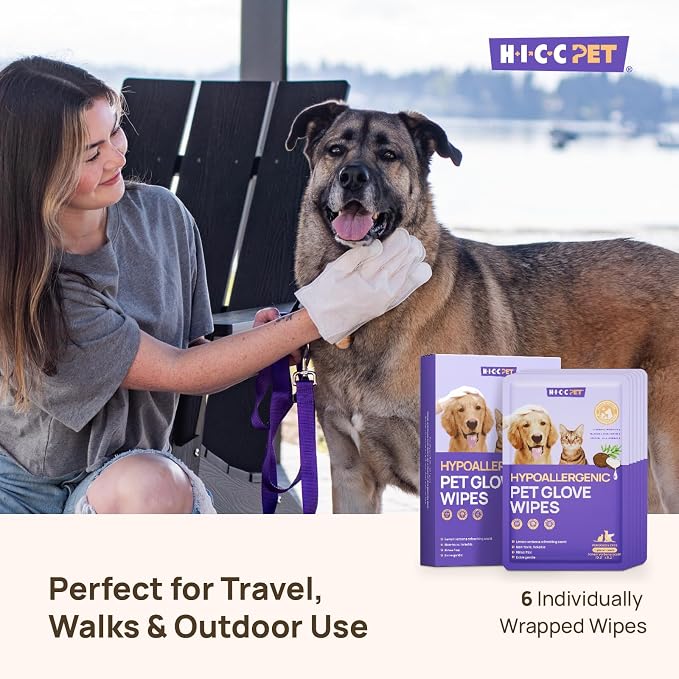HICC PET Cleaning Deodorizing Glove Wipes for Dogs & Cats, Vet Recommended Hypoallergenic Hydrating & Nourish Fur Pet Grooming Glove Wipes, Pet Bathing Wipes for Horse Coat Care, 6pcs Rose Scent