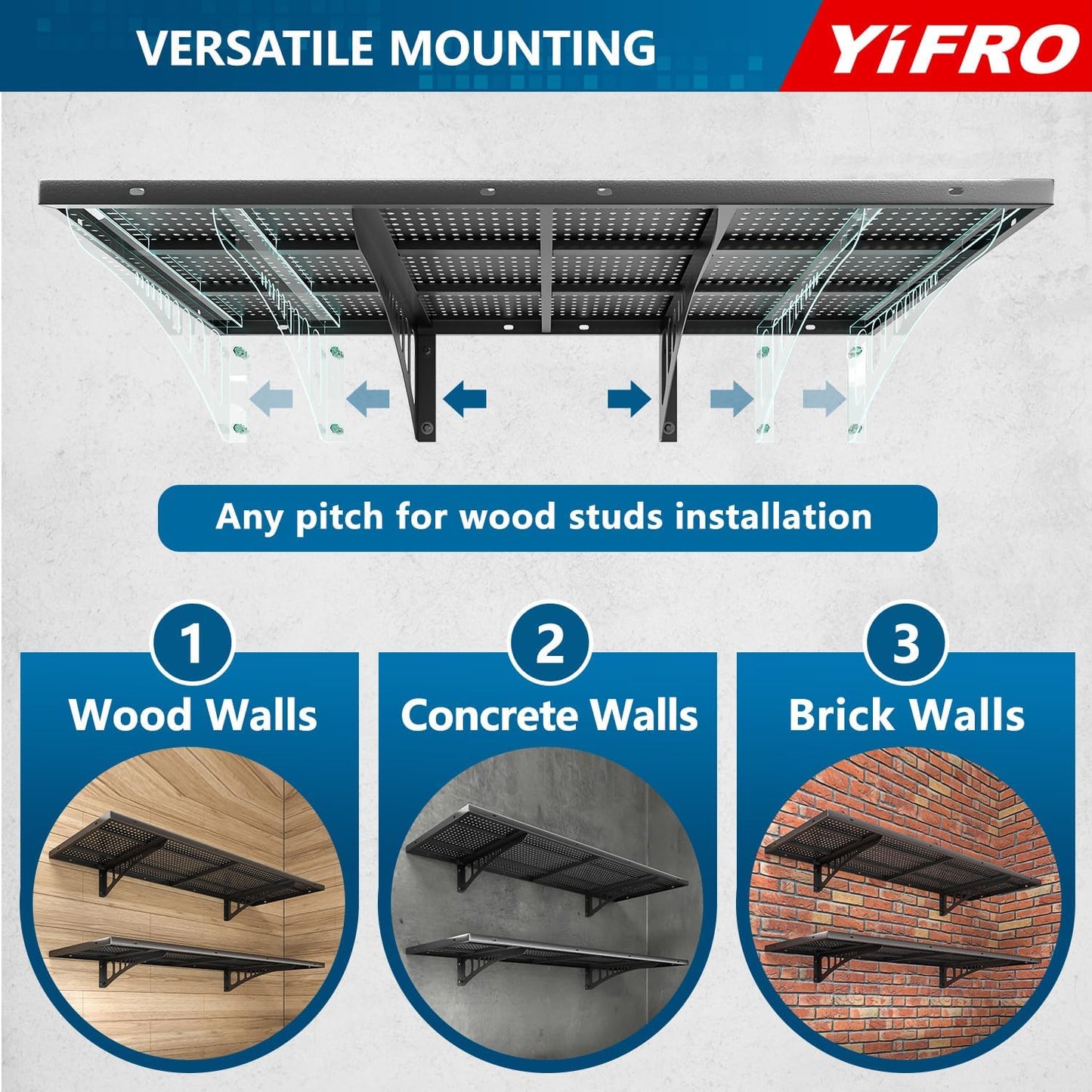 4-Pack 1.5x4ft Heavy Duty Garage Wall Shelving, 1000 lbs Load Capacity, Garage Shelving Wall Mounted, Garage Storage Rack with Hooks, Black