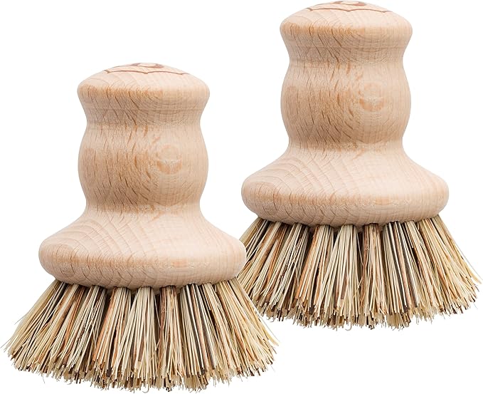 Redecker Pot Brush, Union Fibre, 2-Pack Dense Scrub Brushes for Pots, Cast Iron & Baked-On Residue, Beechwood Kitchen Brushes, 2.6-Inch Round, Made in Germany