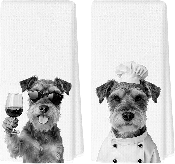 Funny Schnauzer Kitchen Towels Set of 2, Dog Kitchen Bar Accessories, Dog Chef Gifts for Women Decorative Hand Towels for Kitchen Decor, Schnauzer Lovers Dish Tea Towel, 16x24 Inch