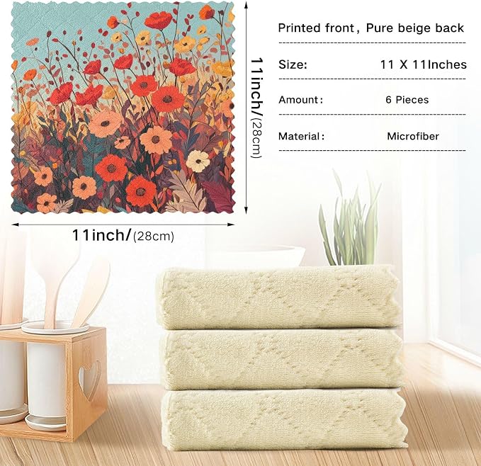 Autumn Poppy Flowers06 Kitchen Towels Dish Cloths Set of 6 Microfiber Cleaning Cloths for Cars Super Absorbent Machine