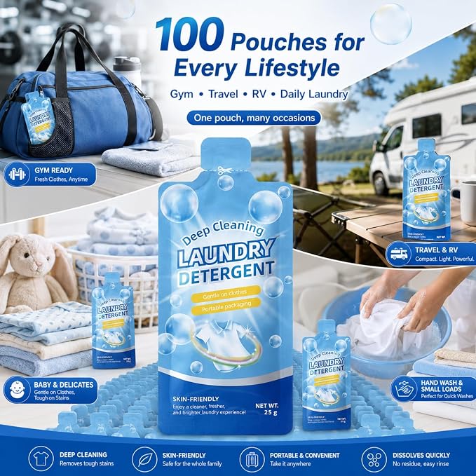 Loopeer 100 Pcs Individual Travel Laundry Detergent 0.88 oz Portable Liquid Detergent Packets for Sink Washing Travel Size Single Use Liquid Soap for Dorms Hotels Hostels Essentials Cleaning