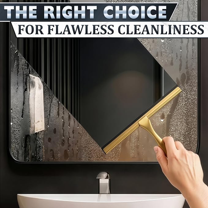 Shower Door Squeegee with Hook - 10" Silicone Blade, Stainless Steel Gold Squeegee for Shower Glass with Adhesive Mount - All-Purpose Bathroom Tile, Mirror, & Window Wiper for Streak-Free Cleaning