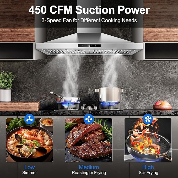 Tieasy Range Hood 30 inch, Vent Hoods 30 inch Stainless Steel, 450 CFM Ductless/Ducted Convertible Kitchen Hood with LED Light Baffle Filters, 3 Speed Exhaust Fan,Touch Control