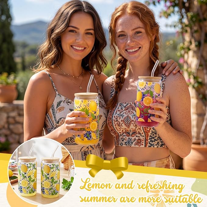 Sliner 2 Pcs Amalfi Lemon Glass Tumblers Capri Lemon Cups Drinkware 16 oz Drinking Glasses with Lid and Straw Mediterranean Decoupage Iced Coffee Cups Coast Holiday Gifts