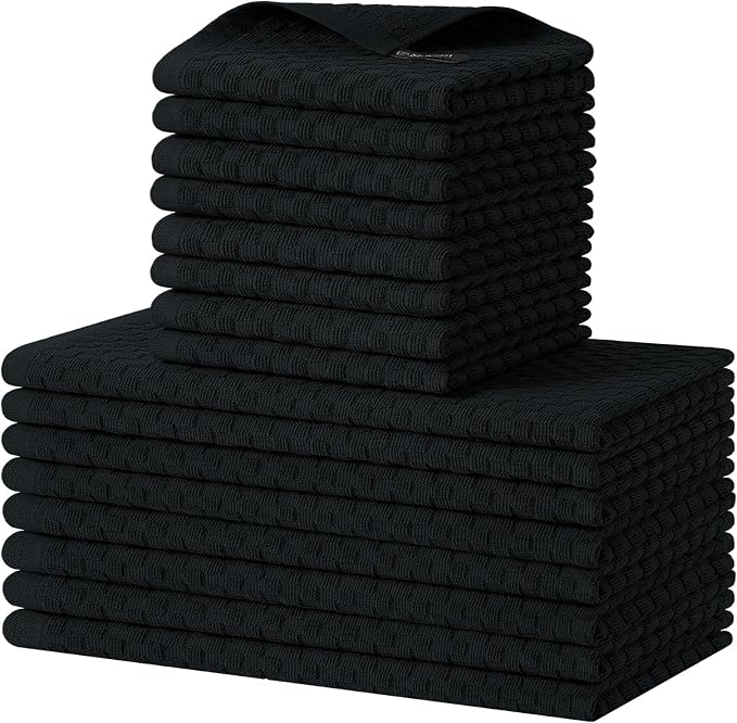 Homaxy 100% Cotton Kitchen Towels and Dishcloths Set, 12 x 12 & 15 x 25 Inches, Set of 16 Bulk Terry Cloth Dish Towels, Super Soft and Absorbent Hand Towel with Hanging Loop, Black
