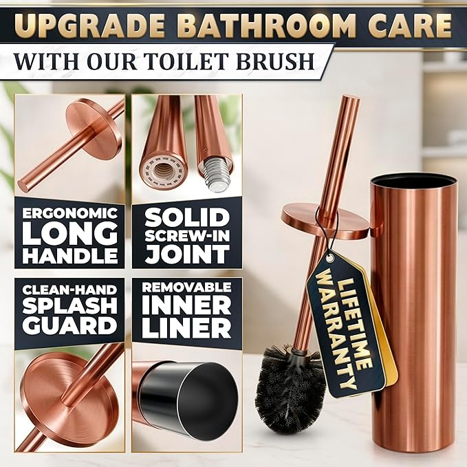Bronze Toilet Brush and Holder Set - Upgrade Your Bathroom in Seconds - Rust Resistant Stainless Steel Toilet Bowl Brush and Holder with Replaceable Head, Removable Inner Bowl & Splash Guard Cover