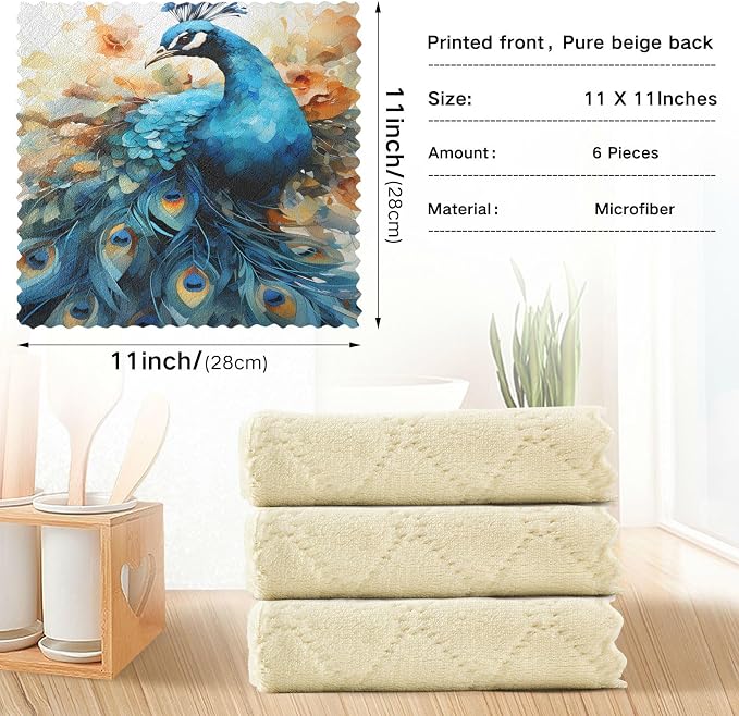 ALAZA Dish Towels Kitchen Cleaning Cloths Peacock Dish Cloths Absorbent Kitchen Towels Lint Free Bar Tea Soft Towel Kitchen Accessories Set of 6,11"x11"