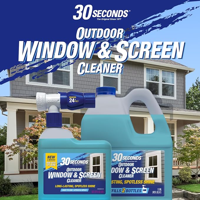 30 SECONDS Outdoor Window & Screen Concentrated Cleaner for Glass, Patio Doors, Fiberglass, Furniture - No Screen Removal Required, Spray & Rinse - Hose End Spray Attachment (5 PACK)