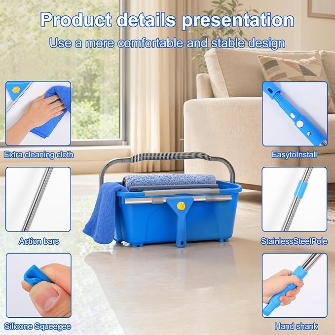 Professional Window Cleaning Kit with Bucket 3 Gallon, 76" Long Handle Squeegee and Microfiber Scrubber, High Window Washing Equipment for Indoor Outdoor, Commercial, Home, Car
