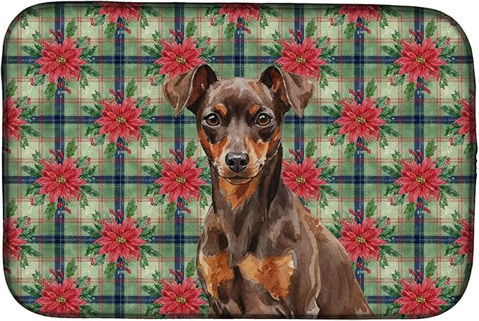 Caroline's Treasures Chocolate and Rust Miniature Pinscher Min Pin Christmas PoinsettIas Dish Drying Mat Absorbent Dish Drying Mat Pad for Kitchen Counter Dish Drainer Mat for Countertop