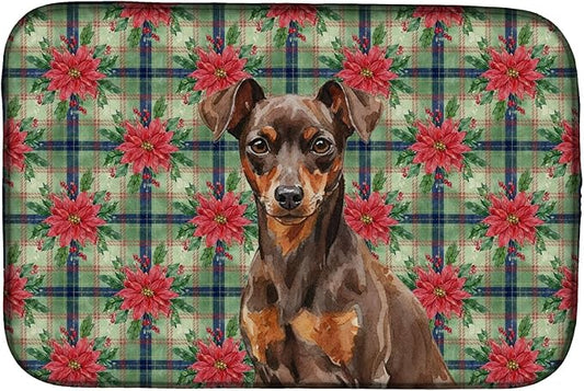 Caroline's Treasures Chocolate and Rust Miniature Pinscher Min Pin Christmas PoinsettIas Dish Drying Mat Absorbent Dish Drying Mat Pad for Kitchen Counter Dish Drainer Mat for Countertop