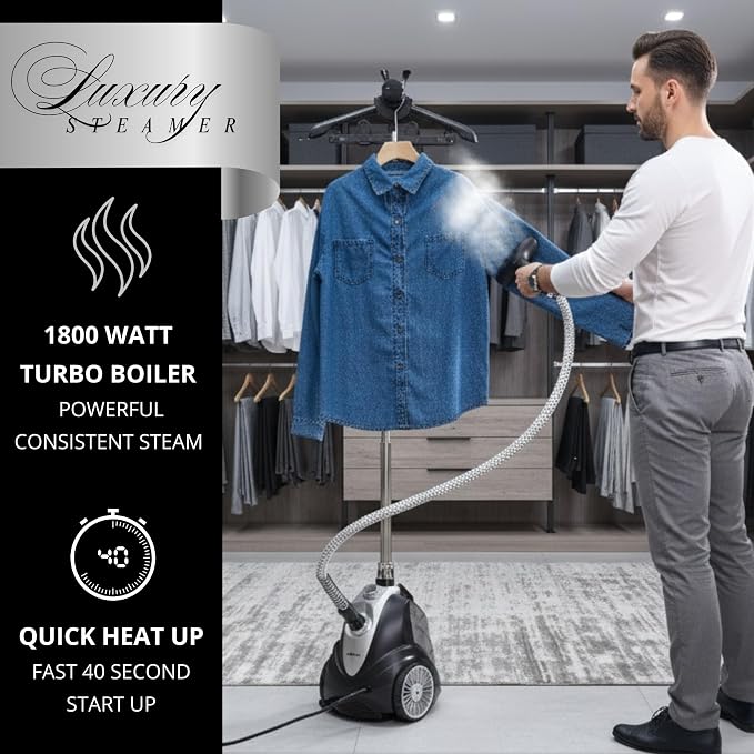 True & Tidy Luxury Upright Commercial Garment Steamer, Smart Auto Shut-Off Technology, 10 Steam Settings w/Wheels, 1800W Powerful Standing Clothes Steamer Fast Wrinkle Removal for Home & Business Use