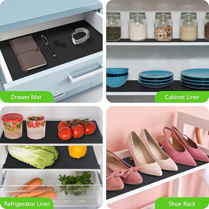 Black Shelf Liners for Kitchen Cabinets Non Adhesive Drawer Liner for Bathroom Waterproof Refrigerator Liners for Shelves Fridge Plastic Mats Cabinet Cupboard Liner 17.5 x 236.2 Inches