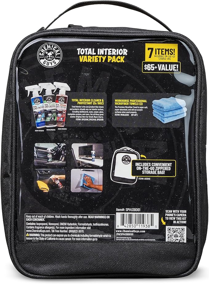 Chemical Guys Total Interior Cleaner Variety Kit With Storage Bag | 3 Scents, Fresh, New Car, & Black Cherry Scents, 3 Microfiber Towels, & Giftable Car Care Bag