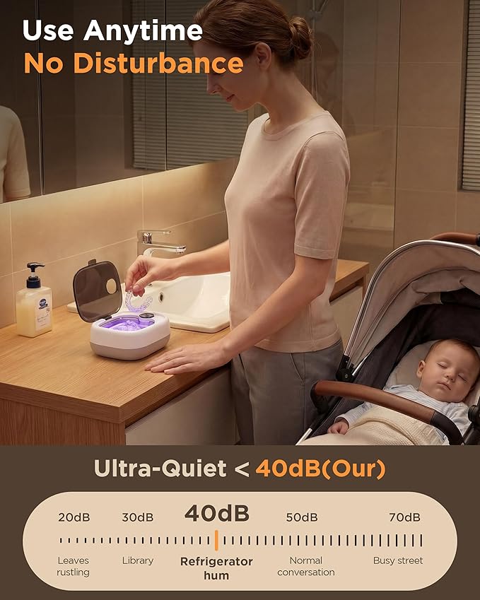 UEOFEN Cordless Ultrasonic Retainer Cleaner: 10-14 Cleans per Charge, 7-Day Travel Power - Smart Battery Percentage Display & UV Light - Compact for Retainers, Aligners, Partial Dentures, Jewelry