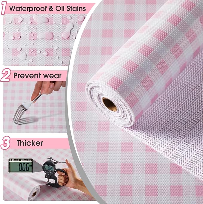 Drawer and Shelf Liner, Non-Slip Kitchen Cabinet Liners Non-Adhesive Thick Strong Grip Waterproof Washable Mats Protect Dresser Shelves Cupboard Bathroom Cabinets, Pink Plaid, 18 in X 20 FT