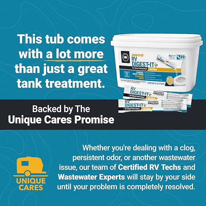 Unique RV Digest-It Ultra Stick Pack, 50 Count, Extra-Strength RV Toilet Treatment, No-Mess, Pre-Measured, Grab-n-Go Bio-Enzymatic Black Tank Treatment, Eliminates Odor and Prevents Clogs