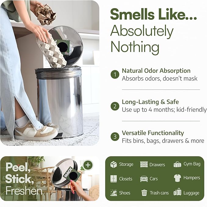 Trash Magic Activated Charcoal Trash Can Odor Eliminator - Peel & Stick Garbage Can Deodorizer - Air Freshener for Fridge, Compost, Drawers & Diaper Pails - Lasts 4 Months - Made in USA (8 Pack)