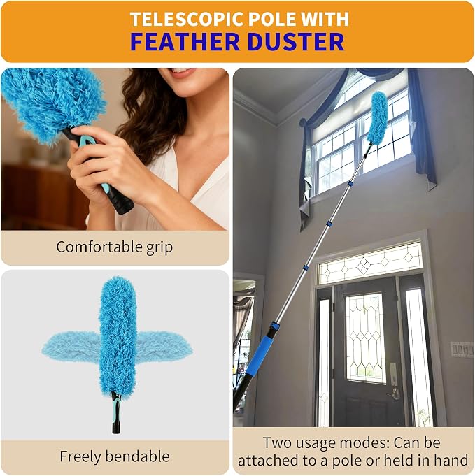 Duster with Extension Pole (20 FT Reach), Light Bulb Changer for High Ceilings & 3-12FT Extension Pole Duster Cleaning Kit, Fan Duster/Cobweb Duster/Window Washing Kit for High Window, Interior Roof