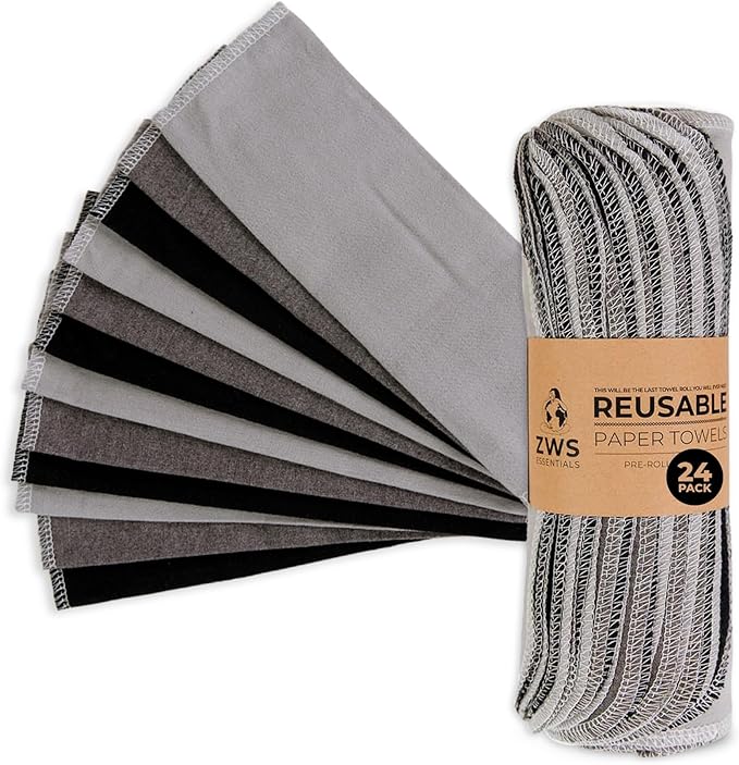 Zero Waste Reusable Paper Towels, Organic Cotton Flannel Wipes for Kitchen, Bathroom, Hand Drying, Pet Messes, and Counter Cleaning, Grey Tones, 24-Pack Gift Set