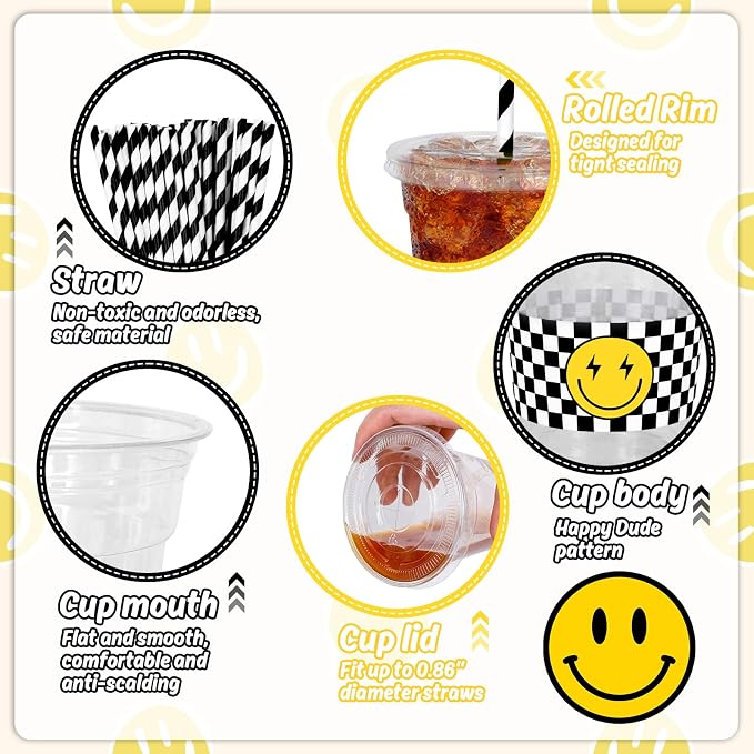 Whaline 50 Pcs One Happy Dude Disposable Plastic Cups with Lids and Straws 12 Oz Smile Face Checkered Cold Beverage Drinking Cups for Birthday Baby Shower Favors