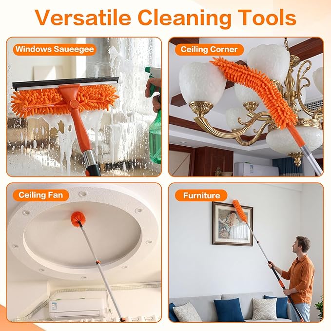 20FT High Reach Duster Cleaning Kit with Extension Pole, High Ceiling Fan Cleaner Duster for Fan Blades, Window Washing Kit with Microfiber Duster & Squeegee