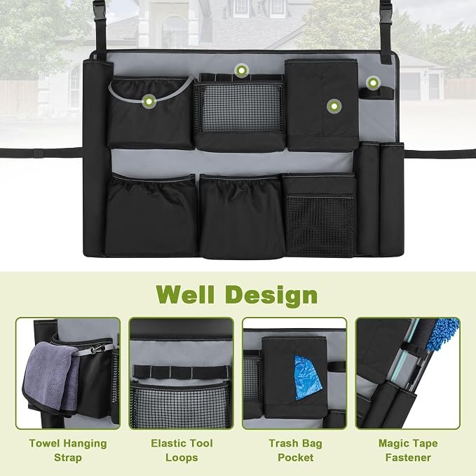 HODRANT 32-55 Gallon Trash Can Caddy Bag, Garbage Bin Apron Caddy with Multiple Pockets for Cleaning Supplies, Cleaning Tool Organizer with Adjustable Buckle for Janitorial Trash Can, Black+Gray
